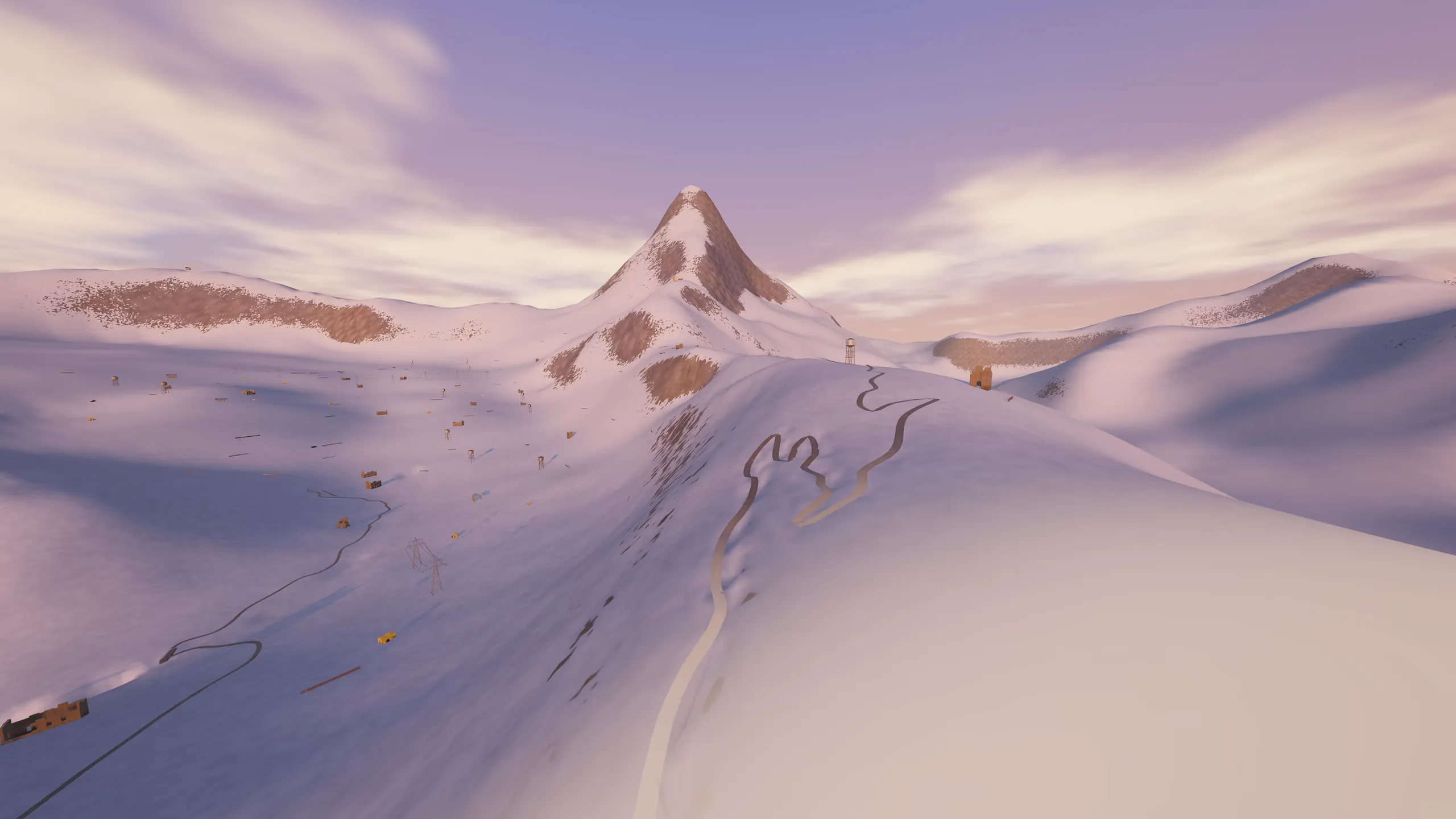 Flying up a snowy valley toward the Matterhorn at sunrise