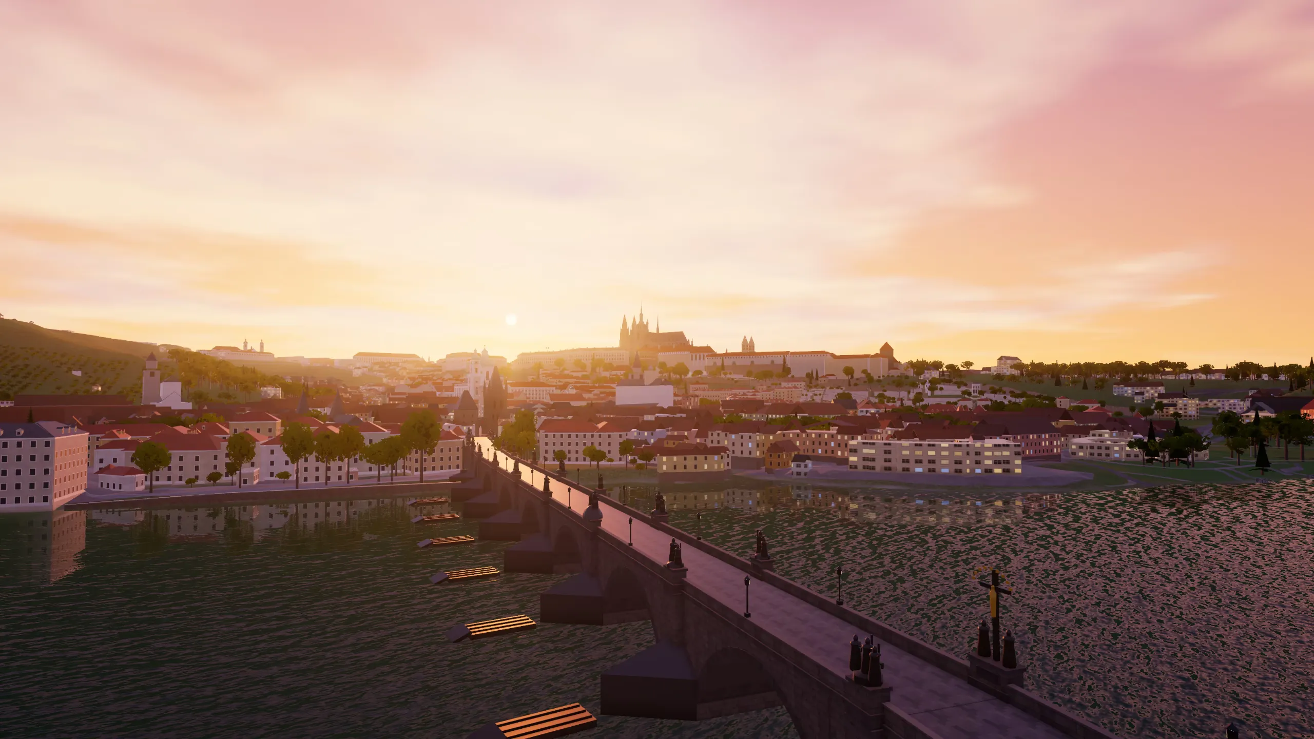 Prague from above the Vltava, sunset
